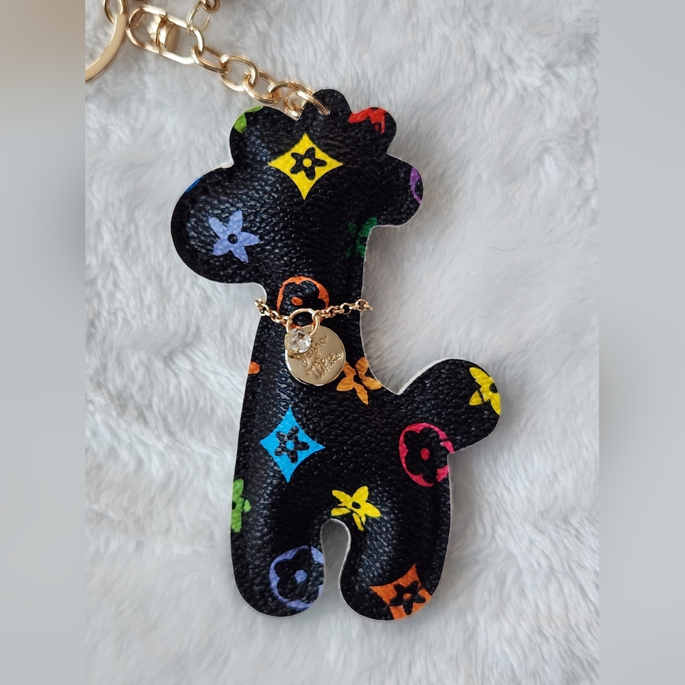 Colorful Giraffe Patterned Designer Inspired Logo Keychain Bag Charm - Picture 2 of 3